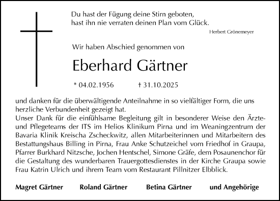 Traueranzeige von Eberhard Gärtner von Sächsische Zeitung