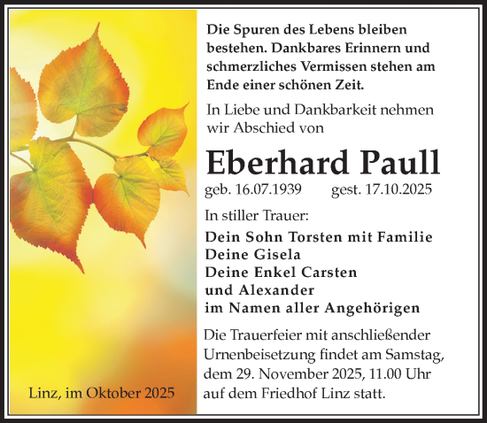 Traueranzeige von Eberhard Paull von Sächsische Zeitung