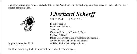 Traueranzeige von Eberhard Scherff von Ostsee-Zeitung GmbH