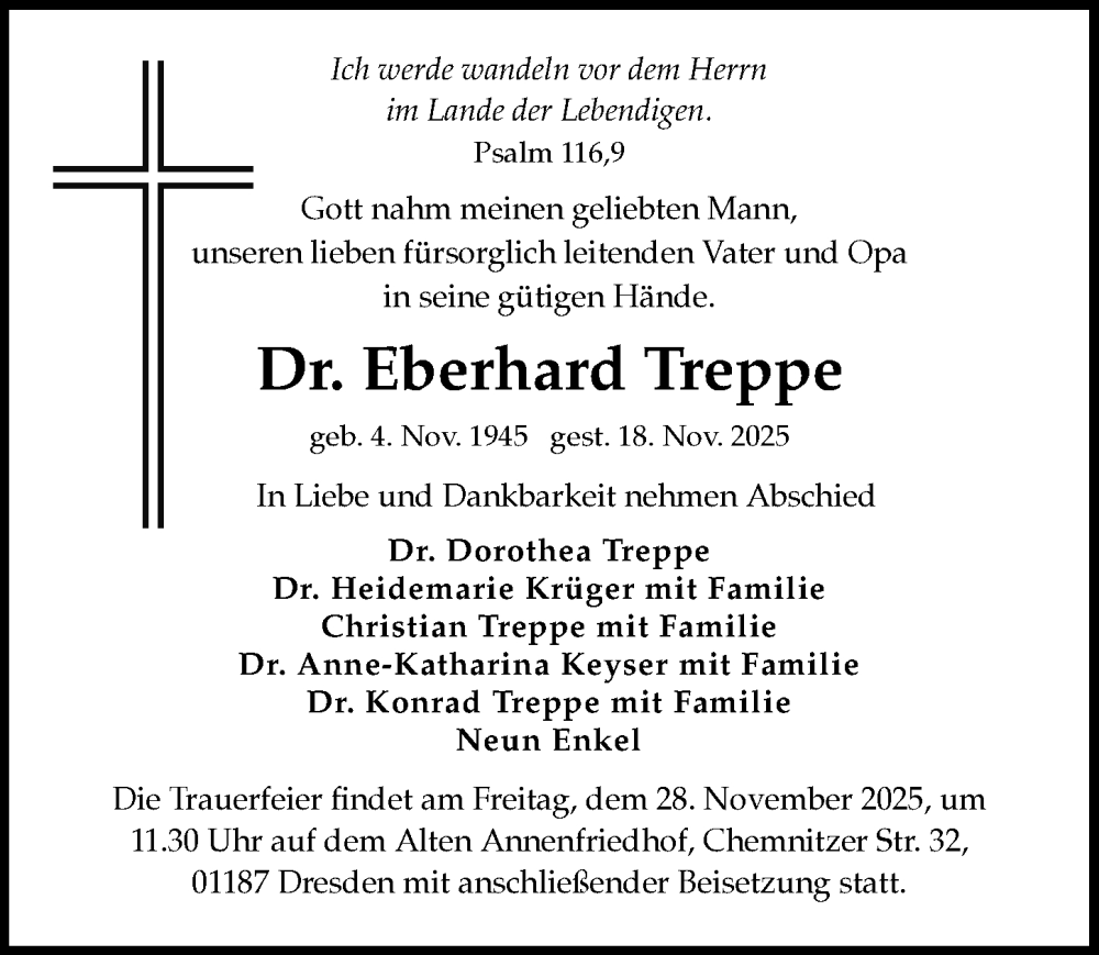  Traueranzeige für Eberhard Treppe vom 22.11.2025 aus Sächsische Zeitung