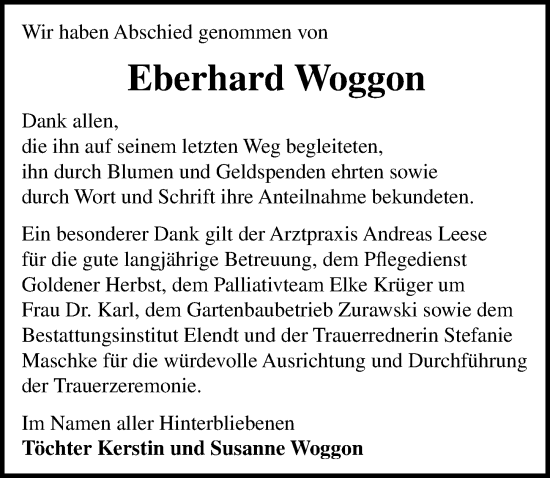 Traueranzeige von Eberhard Woggon von Märkischen Allgemeine Zeitung