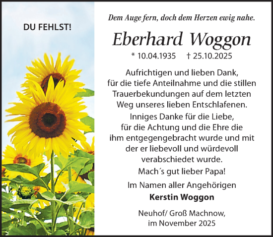Traueranzeige von Eberhard Woggon von Märkischen Allgemeine Zeitung