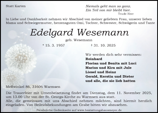 Traueranzeige von Edelgard Wesemann von Die Harke