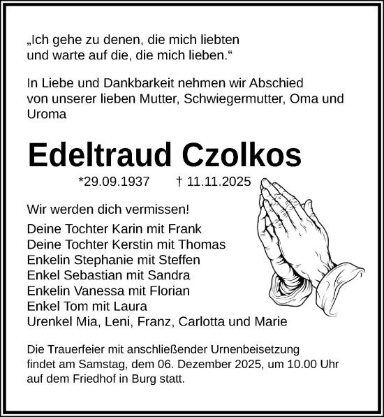 Traueranzeige von Edeltraud Czolkos von Sächsische Zeitung