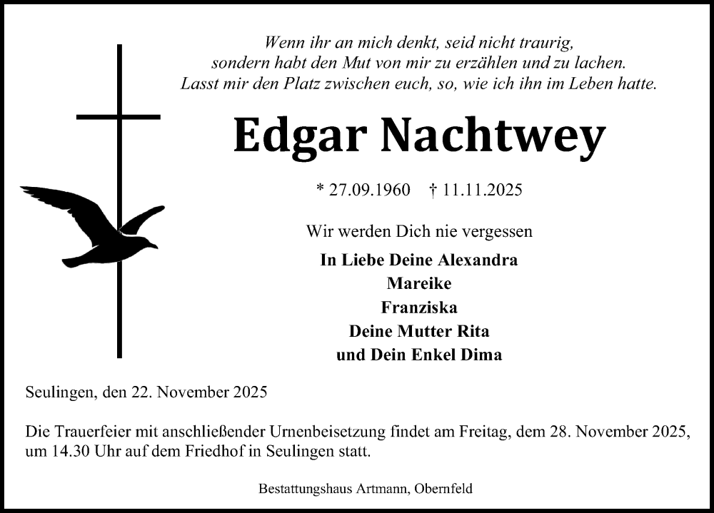  Traueranzeige für Edgar Nachtwey vom 22.11.2025 aus Eichsfelder Tageblatt