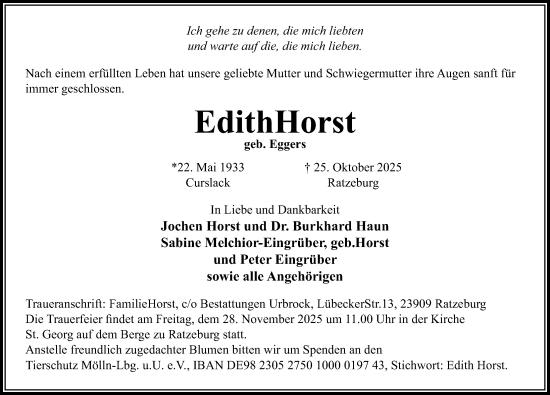 Traueranzeige von Edith Horst von Lübecker Nachrichten