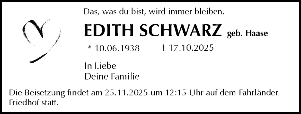 Traueranzeige für Edith Schwarz vom 15.11.2025 aus Märkischen Allgemeine Zeitung