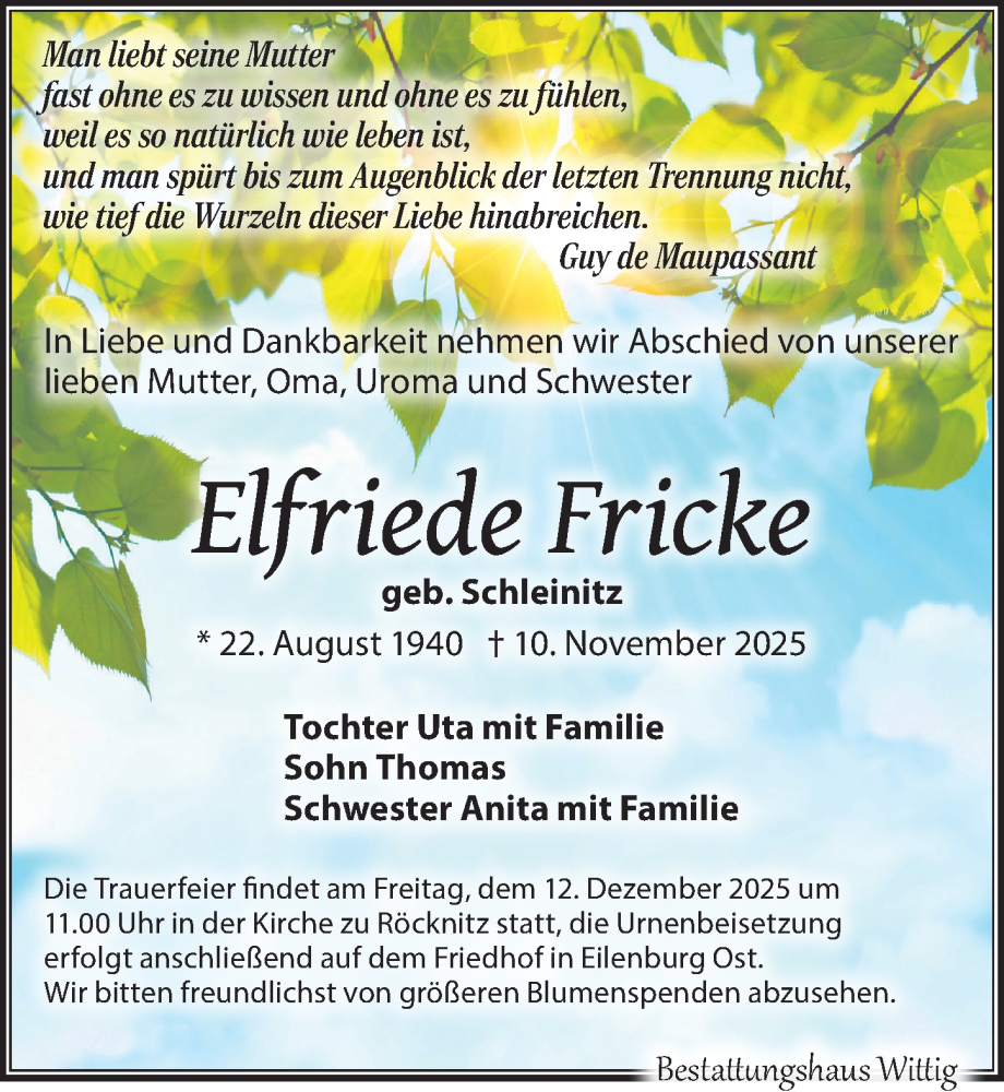  Traueranzeige für Elfriede Fricke vom 29.11.2025 aus Leipziger Volkszeitung