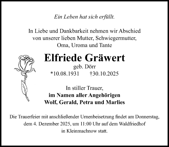 Traueranzeige von Elfriede Gräwert von Märkischen Allgemeine Zeitung
