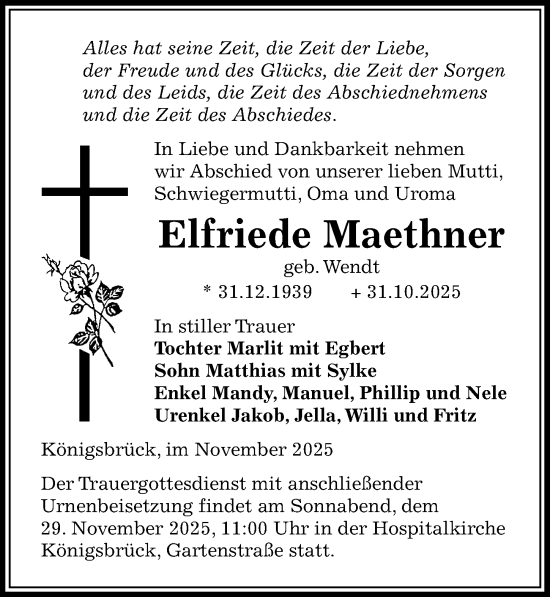 Traueranzeige von Elfriede Maethner von Sächsische Zeitung