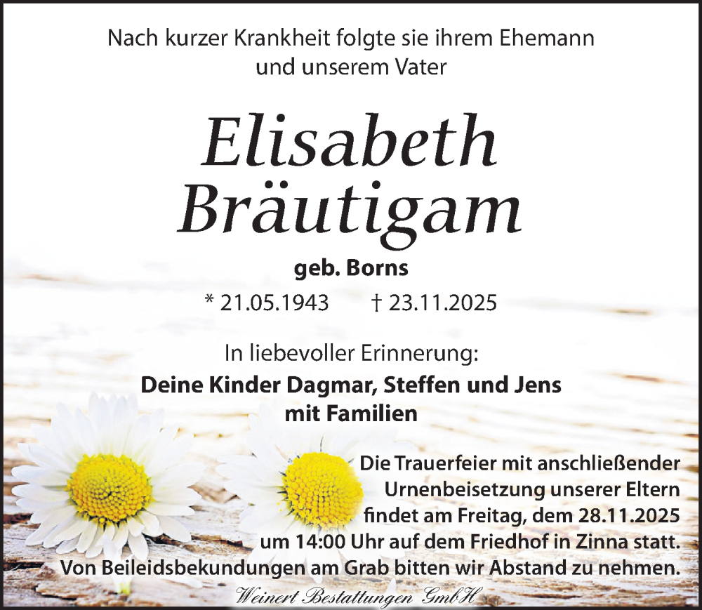  Traueranzeige für Elisabeth Bräutigam vom 27.11.2025 aus Torgauer Zeitung