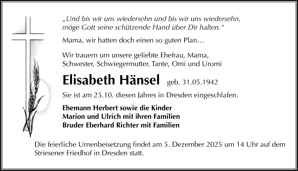  Traueranzeige für Elisabeth Hänsel vom 15.11.2025 aus Sächsische Zeitung