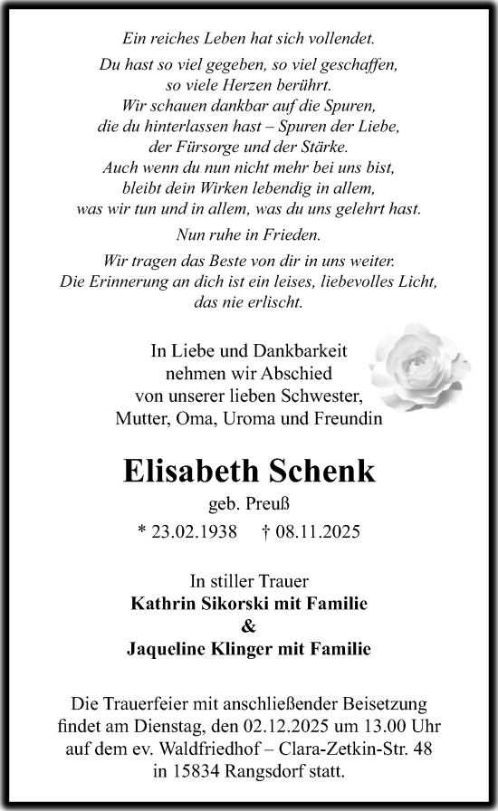 Traueranzeige von Elisabeth Schenk von Märkischen Allgemeine Zeitung