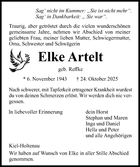 Traueranzeige von Elke Artelt von Kieler Nachrichten