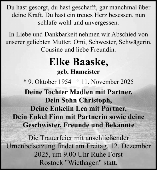 Traueranzeige von Elke Baaske von Ostsee-Zeitung GmbH