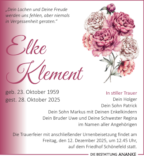 Traueranzeige von Elke Klement von Leipziger Volkszeitung