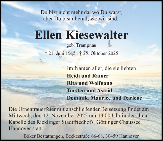 Traueranzeige von Ellen Kiesewalter von Hannoversche Allgemeine Zeitung/Neue Presse