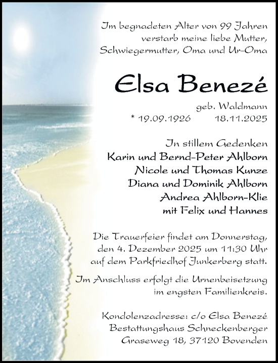 Traueranzeige von Elsa Benezé von Göttinger Tageblatt