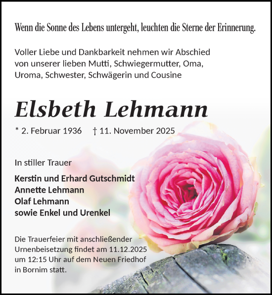 Traueranzeige von Elsbeth Lehmann von Märkischen Allgemeine Zeitung