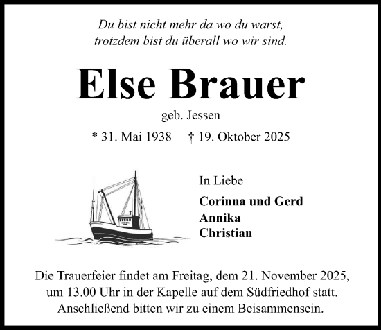 Traueranzeige von Else Brauer von Kieler Nachrichten