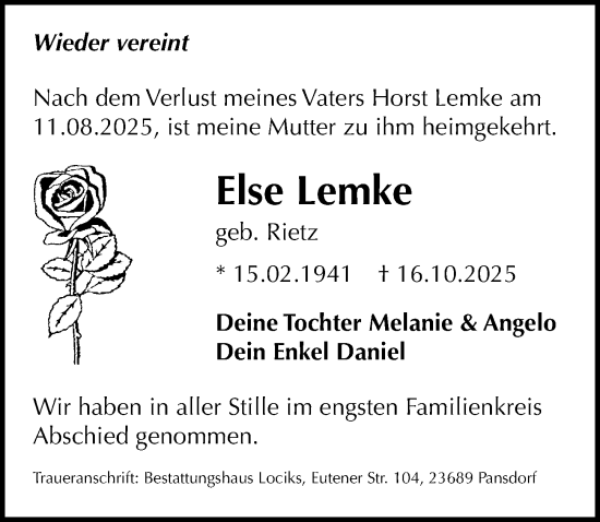 Traueranzeige von Else Lemke von Lübecker Nachrichten