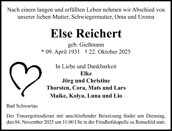 Traueranzeige von Else Reichert von Lübecker Nachrichten