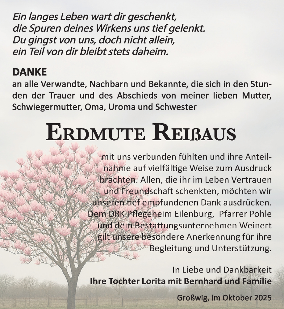  Traueranzeige für Erdmute Reibaus vom 02.11.2025 aus Torgauer Zeitung