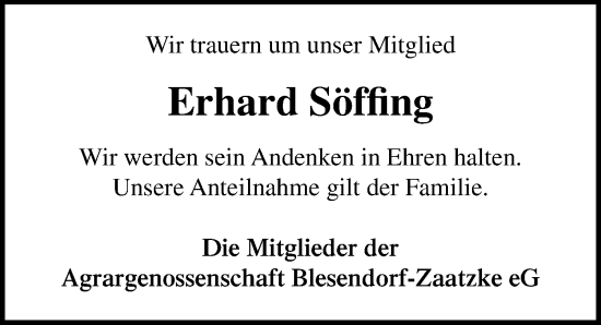 Traueranzeige von Erhard Söffing von Wochenspiegel