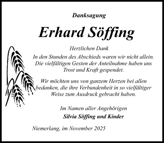 Traueranzeige von Erhard Söffing von Wochenspiegel