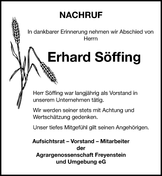 Traueranzeige von Erhard Söffing von Wochenspiegel