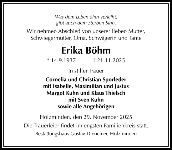 Traueranzeige von Erika Böhm von Täglicher Anzeiger Holzminden