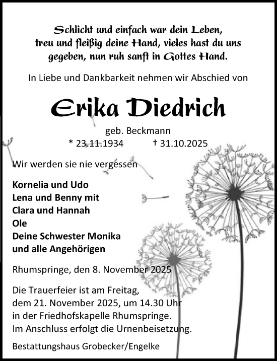 Traueranzeige von Erika Diedrich von Eichsfelder Tageblatt