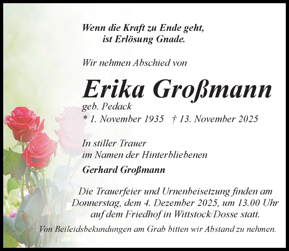  Traueranzeige für Erika Großmann vom 29.11.2025 aus Wochenspiegel