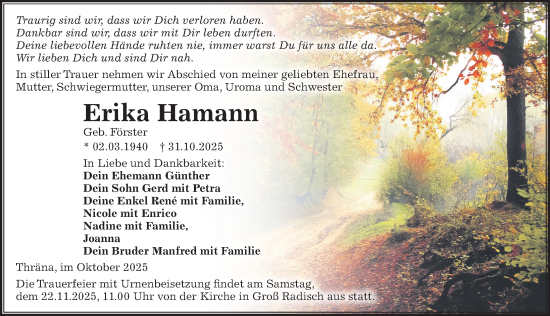Traueranzeige von Erika Hamann von Sächsische Zeitung