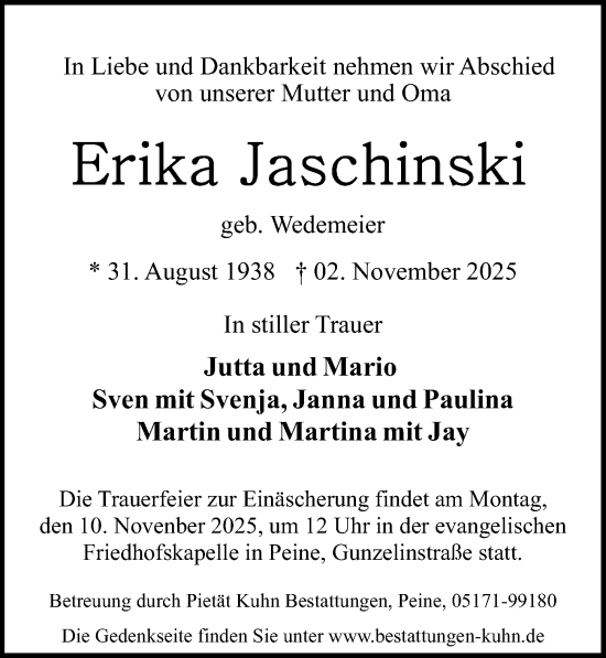 Traueranzeige von Erika Jaschinski von Peiner Allgemeine Zeitung