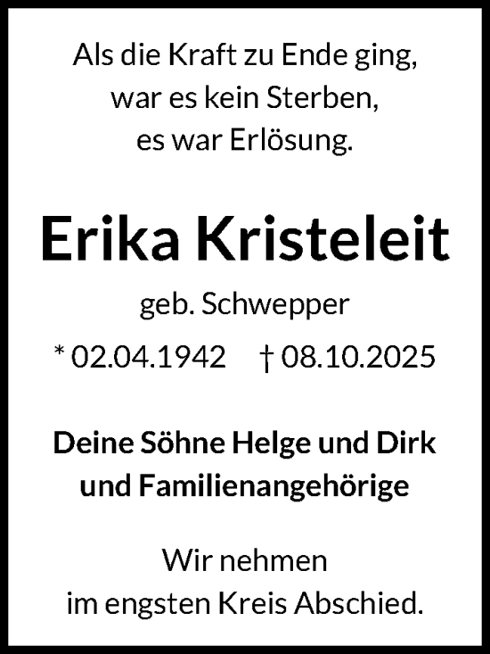 Traueranzeige von Erika Kristeleit von Hannoversche Allgemeine Zeitung/Neue Presse