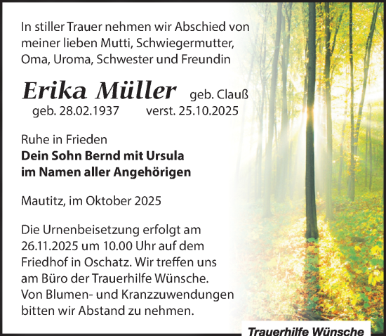 Traueranzeige von Erika Müller von Sächsische Zeitung