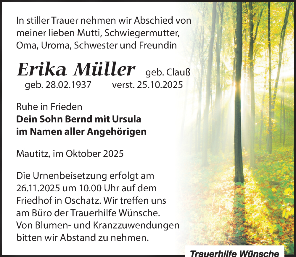  Traueranzeige für Erika Müller vom 08.11.2025 aus Sächsische Zeitung