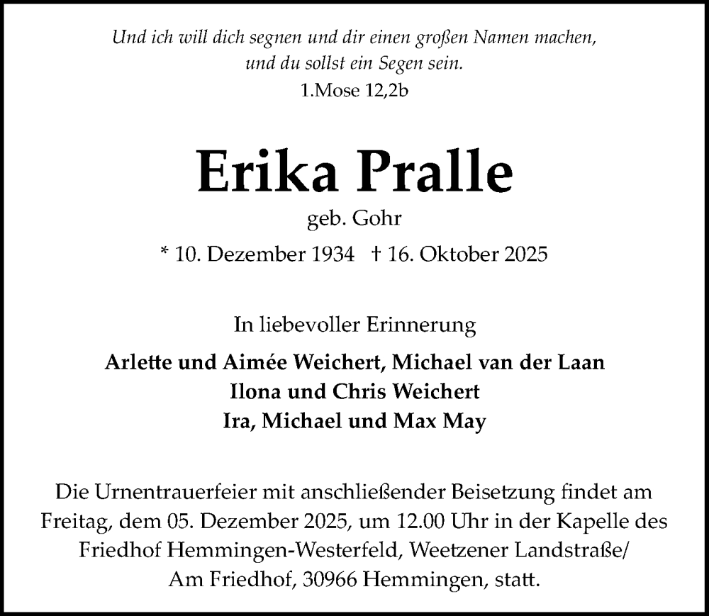  Traueranzeige für Erika Pralle vom 08.11.2025 aus Hannoversche Allgemeine Zeitung/Neue Presse