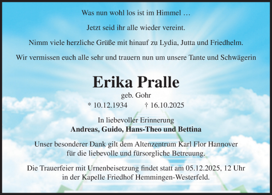 Traueranzeige von Erika Pralle von Hannoversche Allgemeine Zeitung/Neue Presse