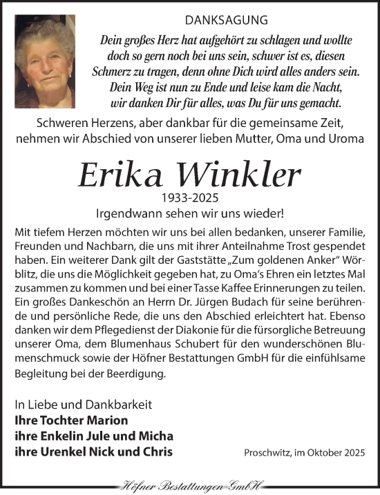 Traueranzeige von Erika Winkler von Torgauer Zeitung