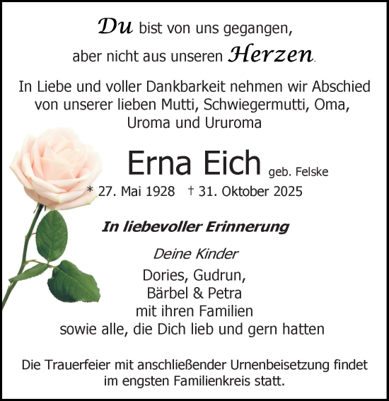 Traueranzeige von Erna Eich von Ostsee-Zeitung GmbH