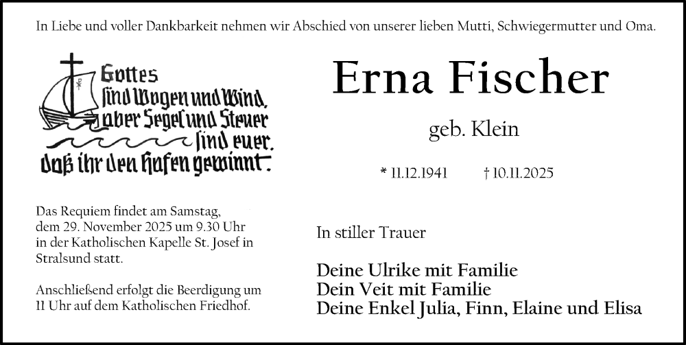  Traueranzeige für Erna Fischer vom 22.11.2025 aus Ostsee-Zeitung GmbH