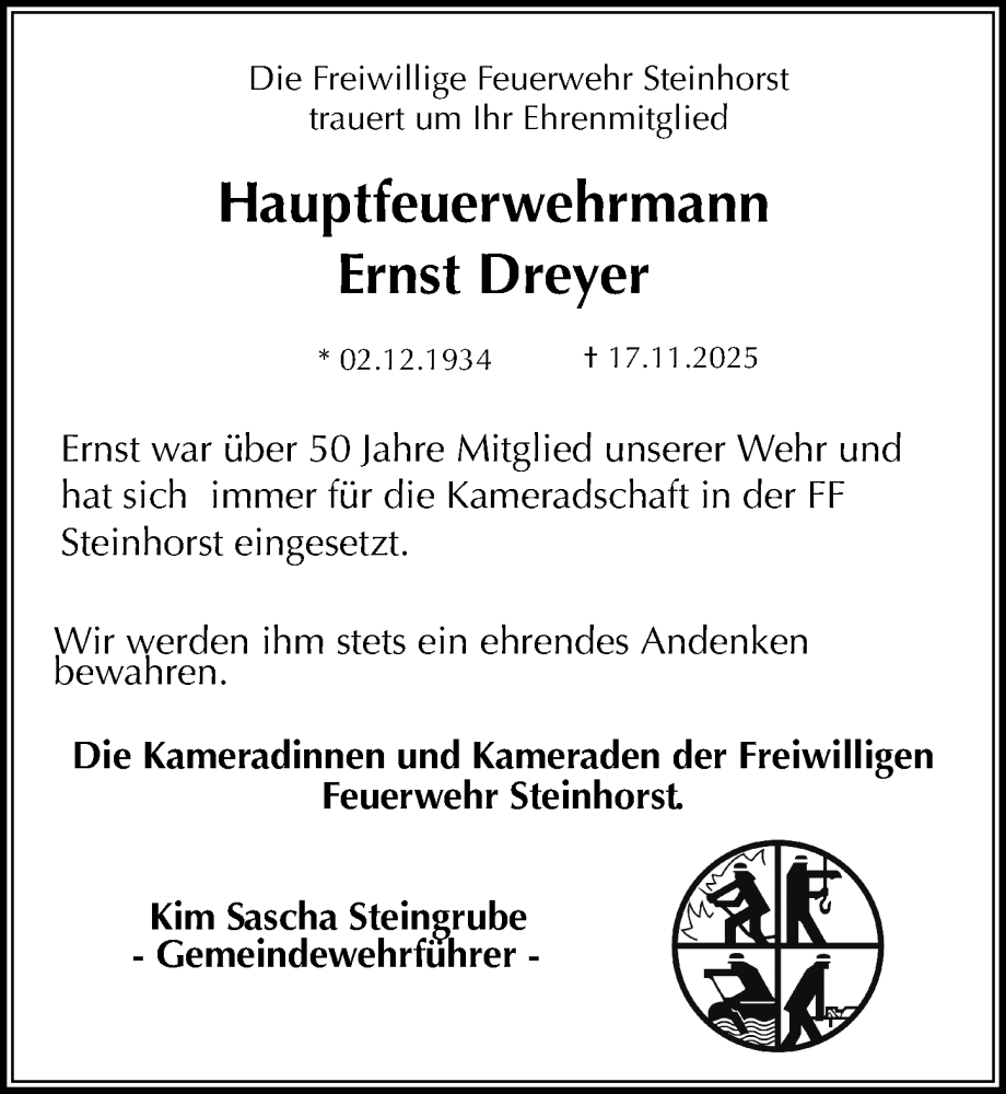  Traueranzeige für Ernst Dreyer vom 29.11.2025 aus Lübecker Nachrichten