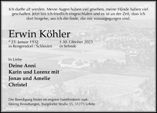 Traueranzeige von Erwin Köhler von Peiner Allgemeine Zeitung