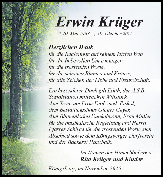 Traueranzeige von Erwin Krüger von Wochenspiegel