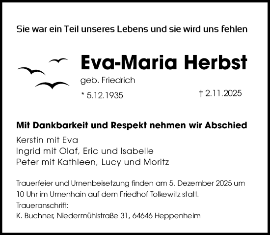 Traueranzeige von Eva-Maria Herbst von Sächsische Zeitung