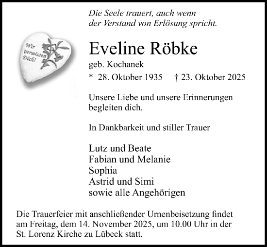 Traueranzeige von Eveline Röbke von Lübecker Nachrichten