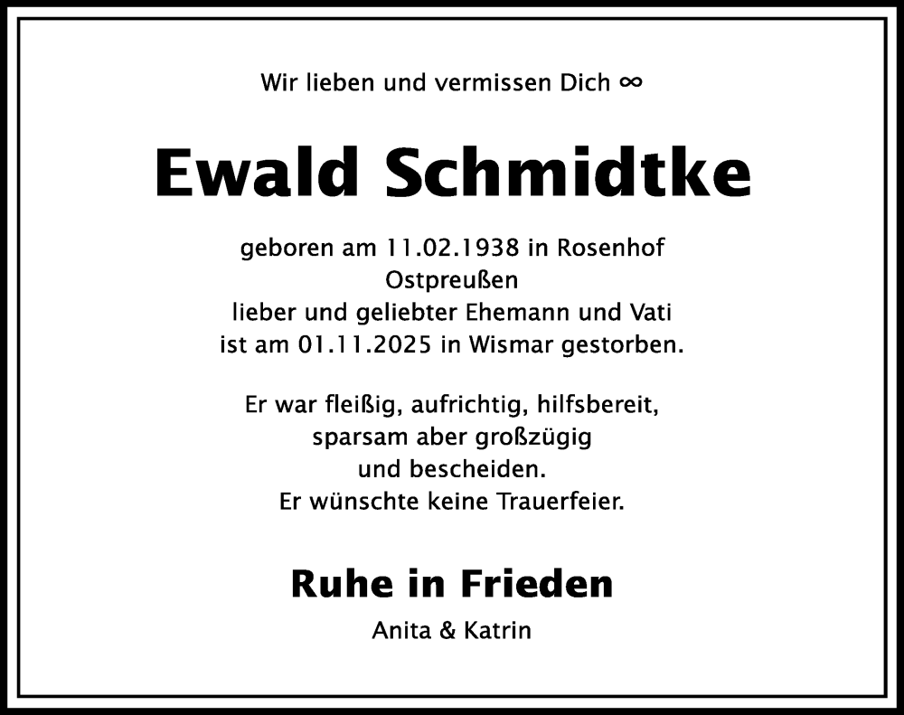  Traueranzeige für Ewald Schmidtke vom 08.11.2025 aus Ostsee-Zeitung GmbH