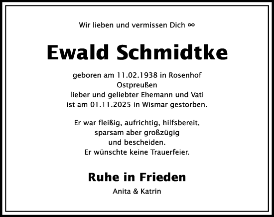 Traueranzeige von Ewald Schmidtke von Ostsee-Zeitung GmbH
